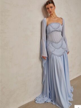 Light Blue Beaded Evening Gown with Sheer Draped Sleeves